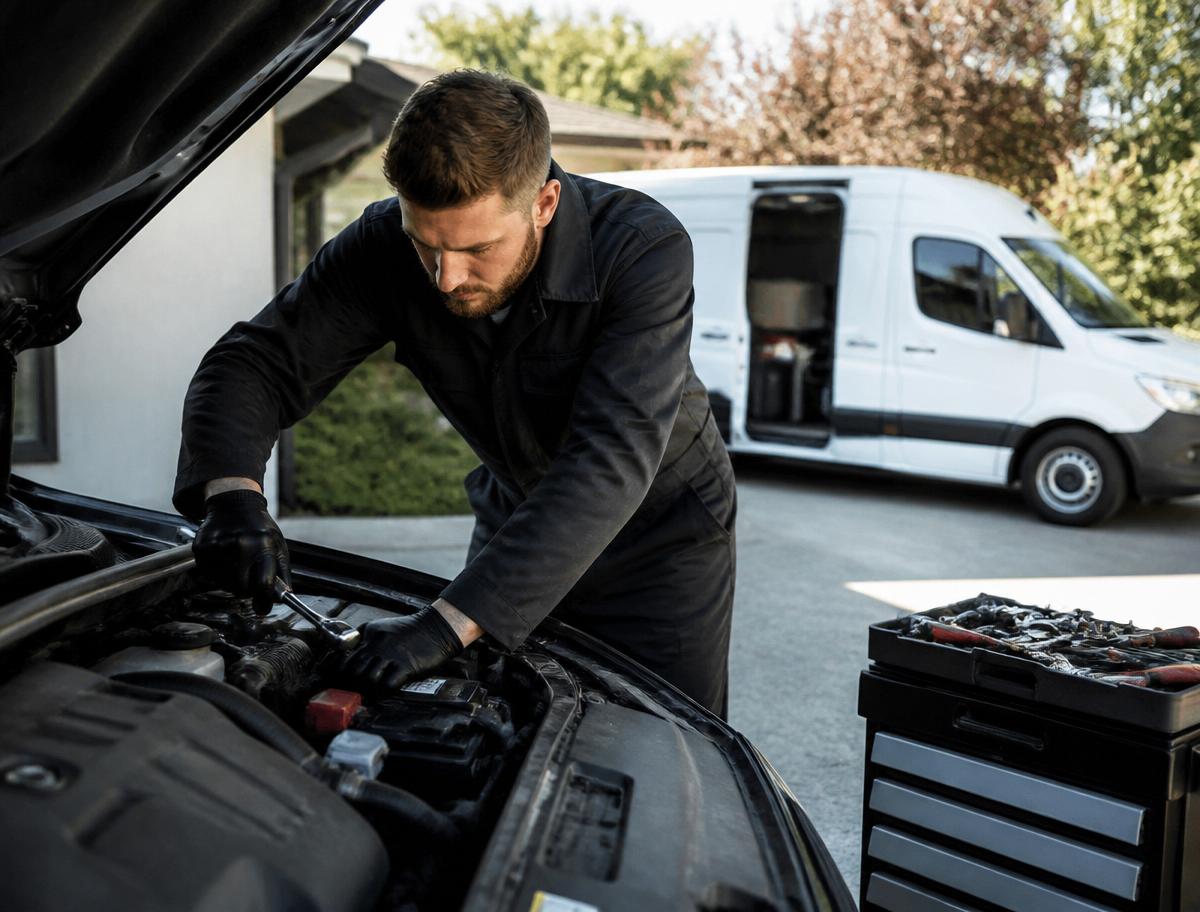 Mobile mechanic servicing a car in a driveway